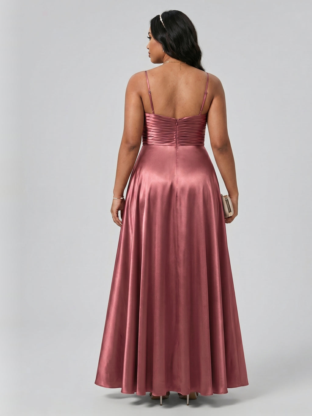 Sexy Rose Gold Satin A-Line V-Neck Back Zip with Beaded Details Ankle-Length Plus Size Bridesmaid Dress