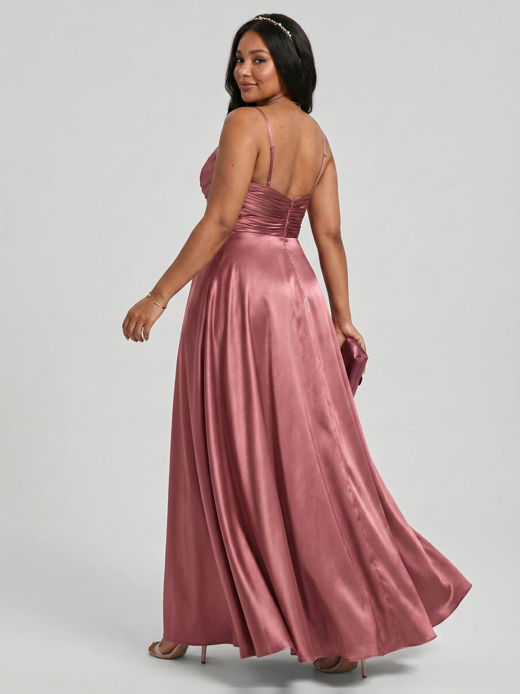 Sexy Rose Gold Satin A-Line V-Neck Back Zip with Beaded Details Ankle-Length Plus Size Bridesmaid Dress