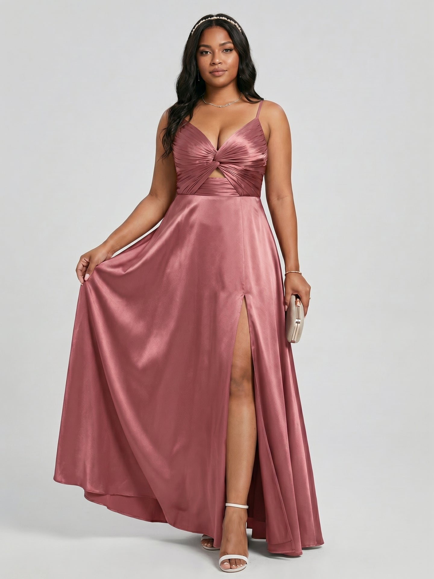 Sexy Rose Gold Satin A-Line V-Neck Back Zip with Beaded Details Ankle-Length Plus Size Bridesmaid Dress