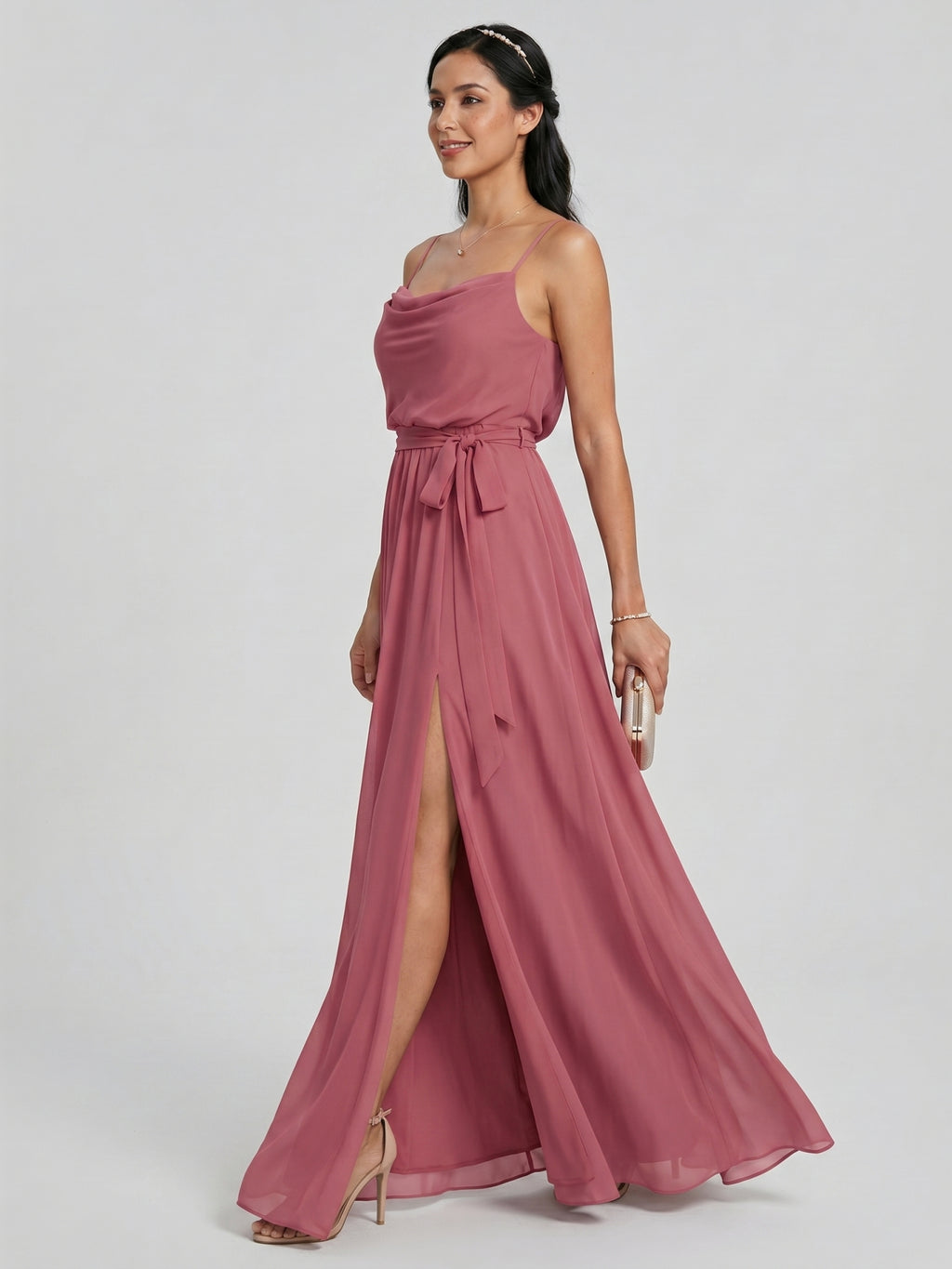 Sweet & Flowy Rose Gold Chiffon A-Line Straight Neck Backless Ankle-Length Bridesmaid Dress