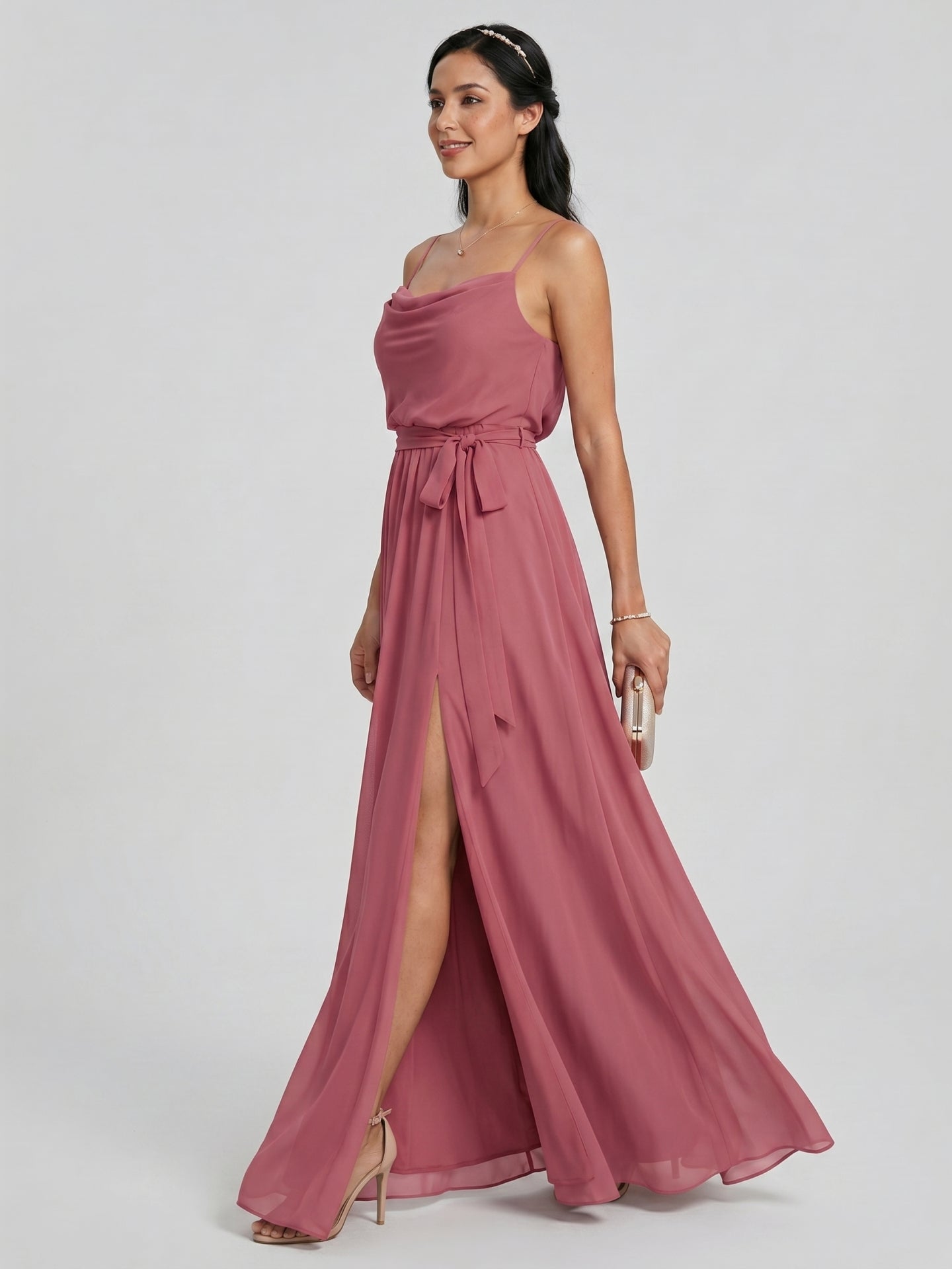 Sweet & Flowy Rose Gold Chiffon A-Line Straight Neck Backless Ankle-Length Bridesmaid Dress