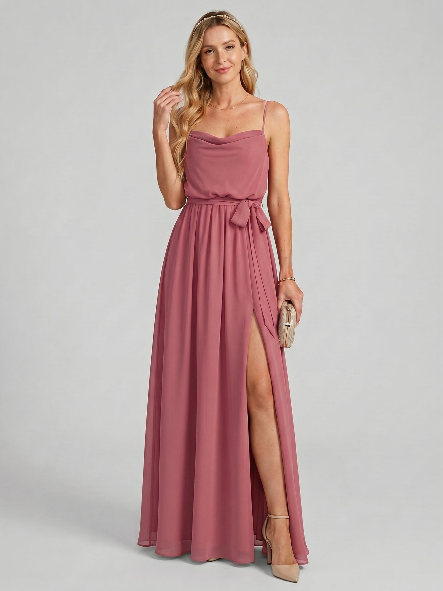 Sweet & Flowy Rose Gold Chiffon A-Line Straight Neck Backless Ankle-Length Bridesmaid Dress