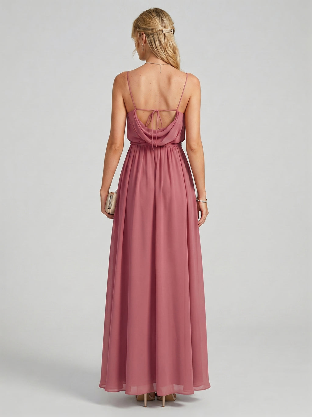 Sweet & Flowy Rose Gold Chiffon A-Line Straight Neck Backless Ankle-Length Bridesmaid Dress