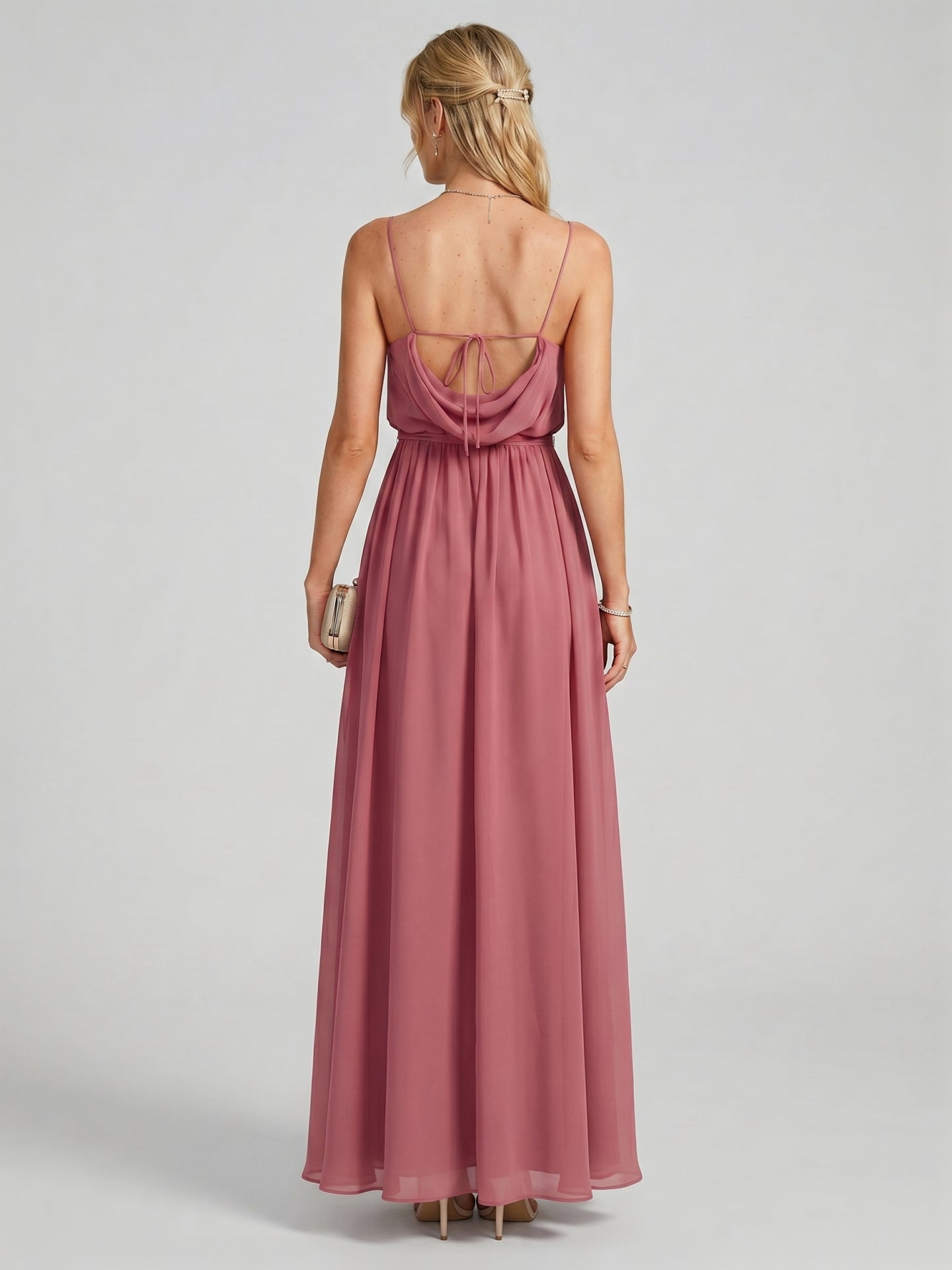 Sweet & Flowy Rose Gold Chiffon A-Line Straight Neck Backless Ankle-Length Bridesmaid Dress