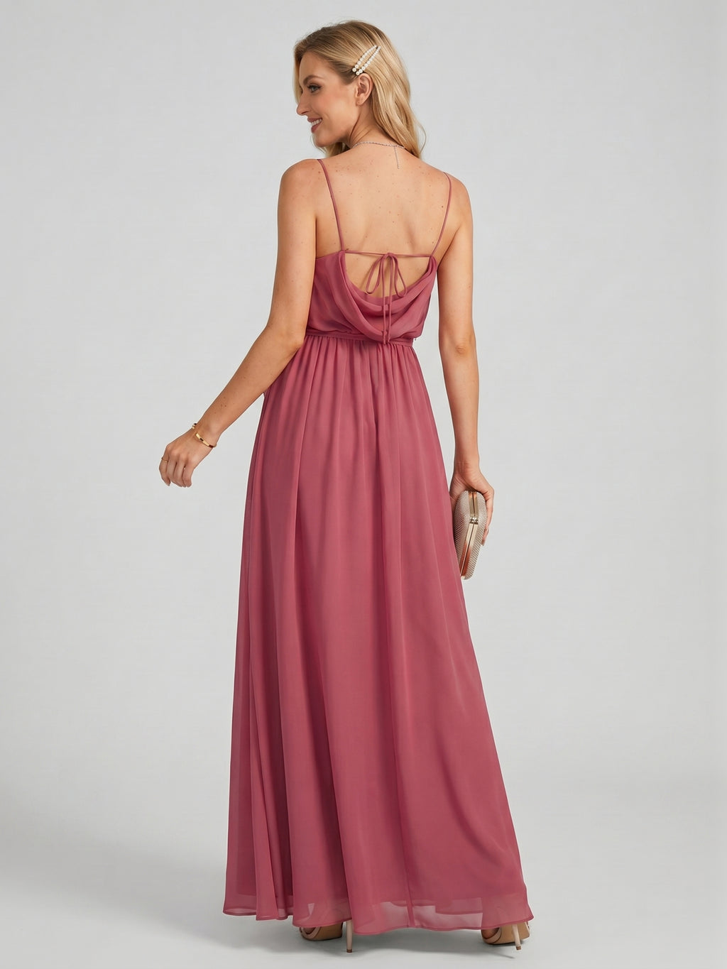 Sweet & Flowy Rose Gold Chiffon A-Line Straight Neck Backless Ankle-Length Bridesmaid Dress