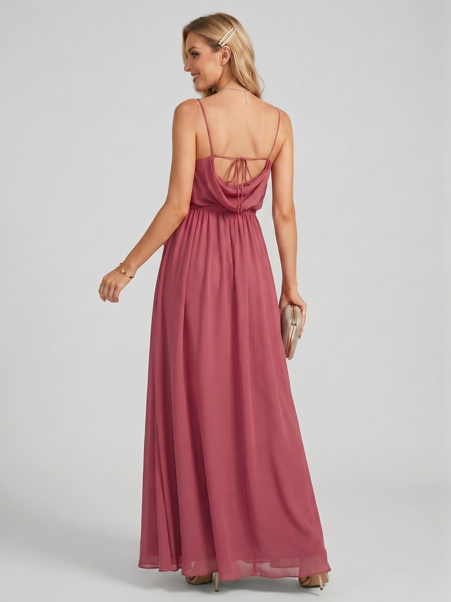 Sweet & Flowy Rose Gold Chiffon A-Line Straight Neck Backless Ankle-Length Bridesmaid Dress