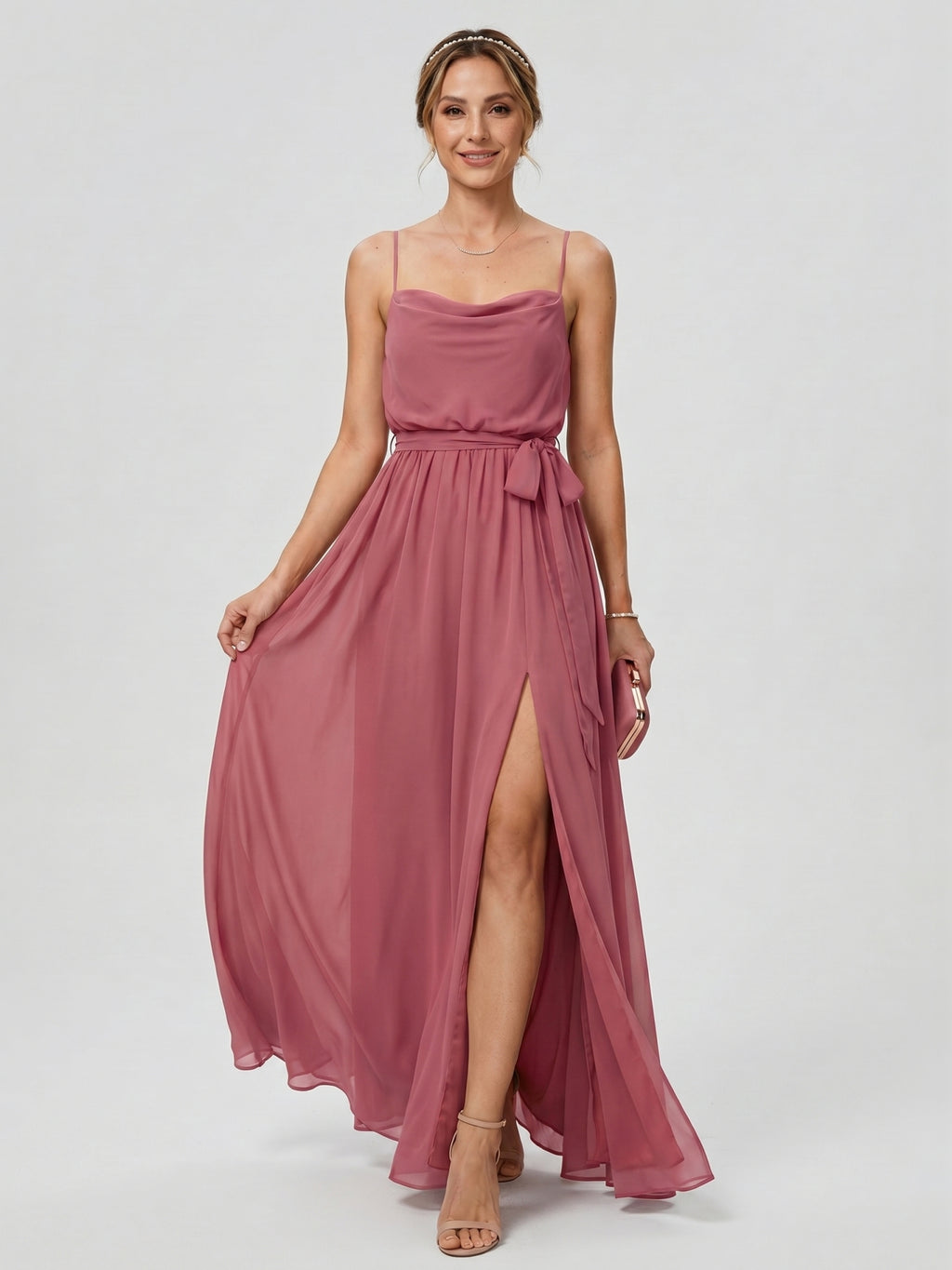 Sweet & Flowy Rose Gold Chiffon A-Line Straight Neck Backless Ankle-Length Bridesmaid Dress