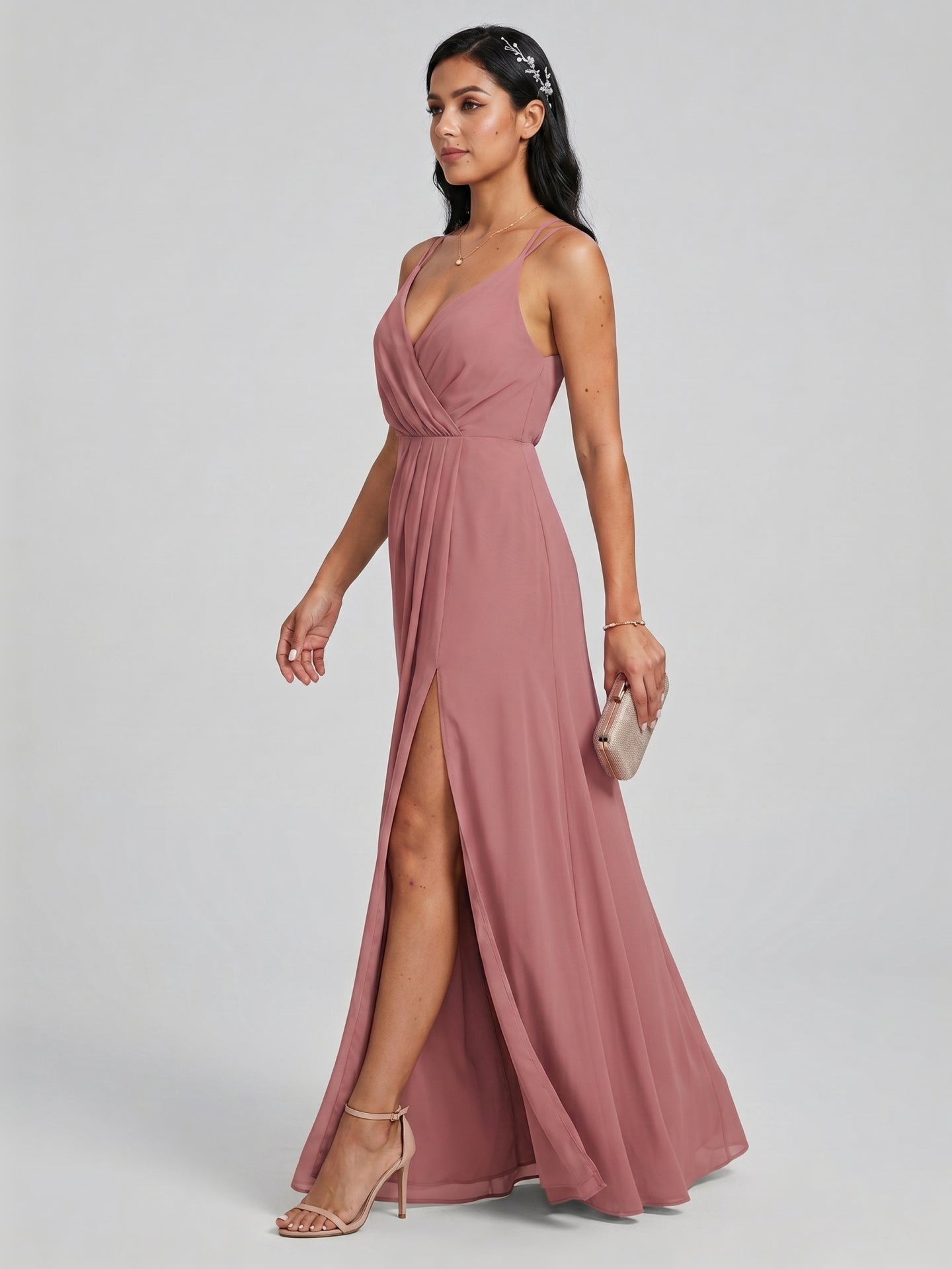 Sweet & Flowy Rose Gold Chiffon A-Line V-Neck Backless Ankle-Length Bridesmaid Dress