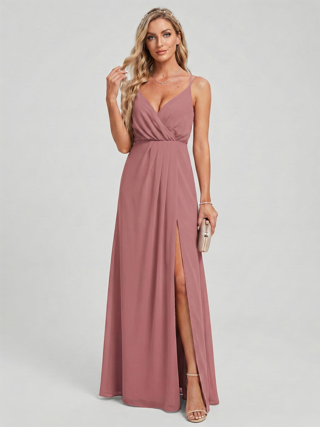 Sweet & Flowy Rose Gold Chiffon A-Line V-Neck Backless Ankle-Length Bridesmaid Dress