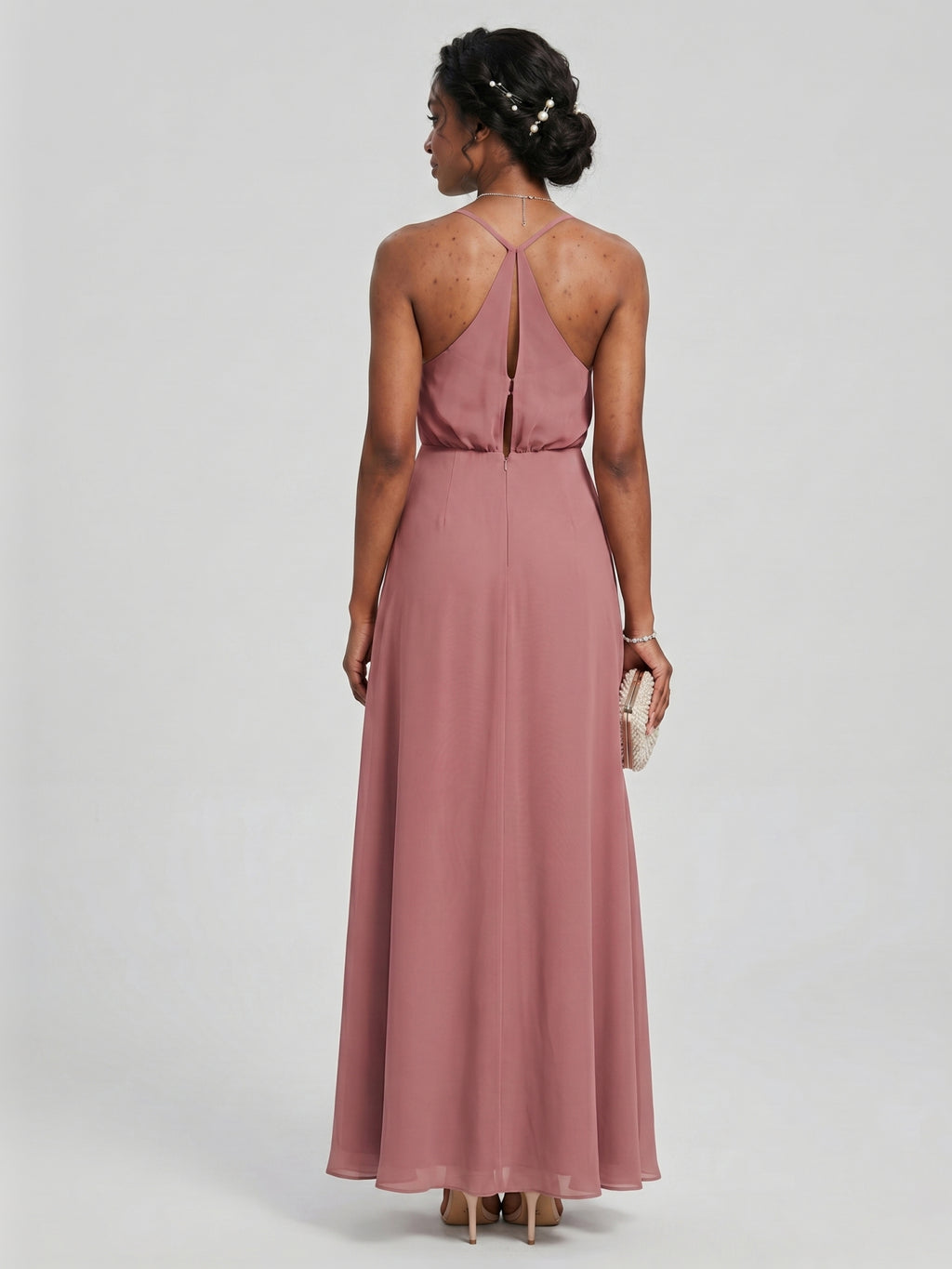 Sweet & Flowy Rose Gold Chiffon A-Line V-Neck Backless Ankle-Length Bridesmaid Dress