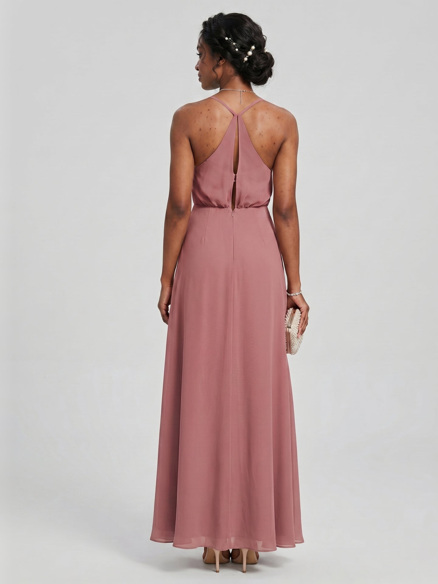 Sweet & Flowy Rose Gold Chiffon A-Line V-Neck Backless Ankle-Length Bridesmaid Dress