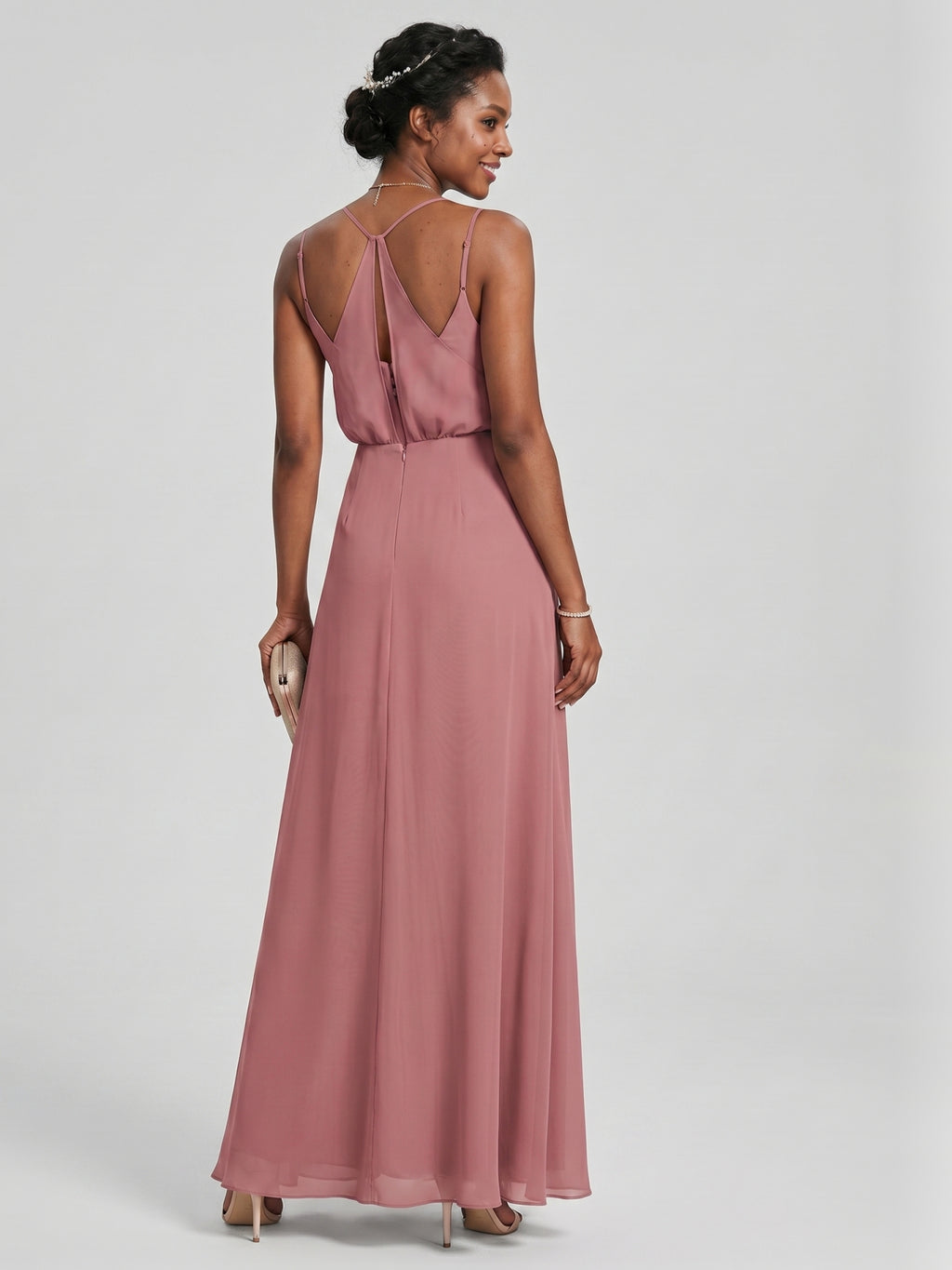 Sweet & Flowy Rose Gold Chiffon A-Line V-Neck Backless Ankle-Length Bridesmaid Dress