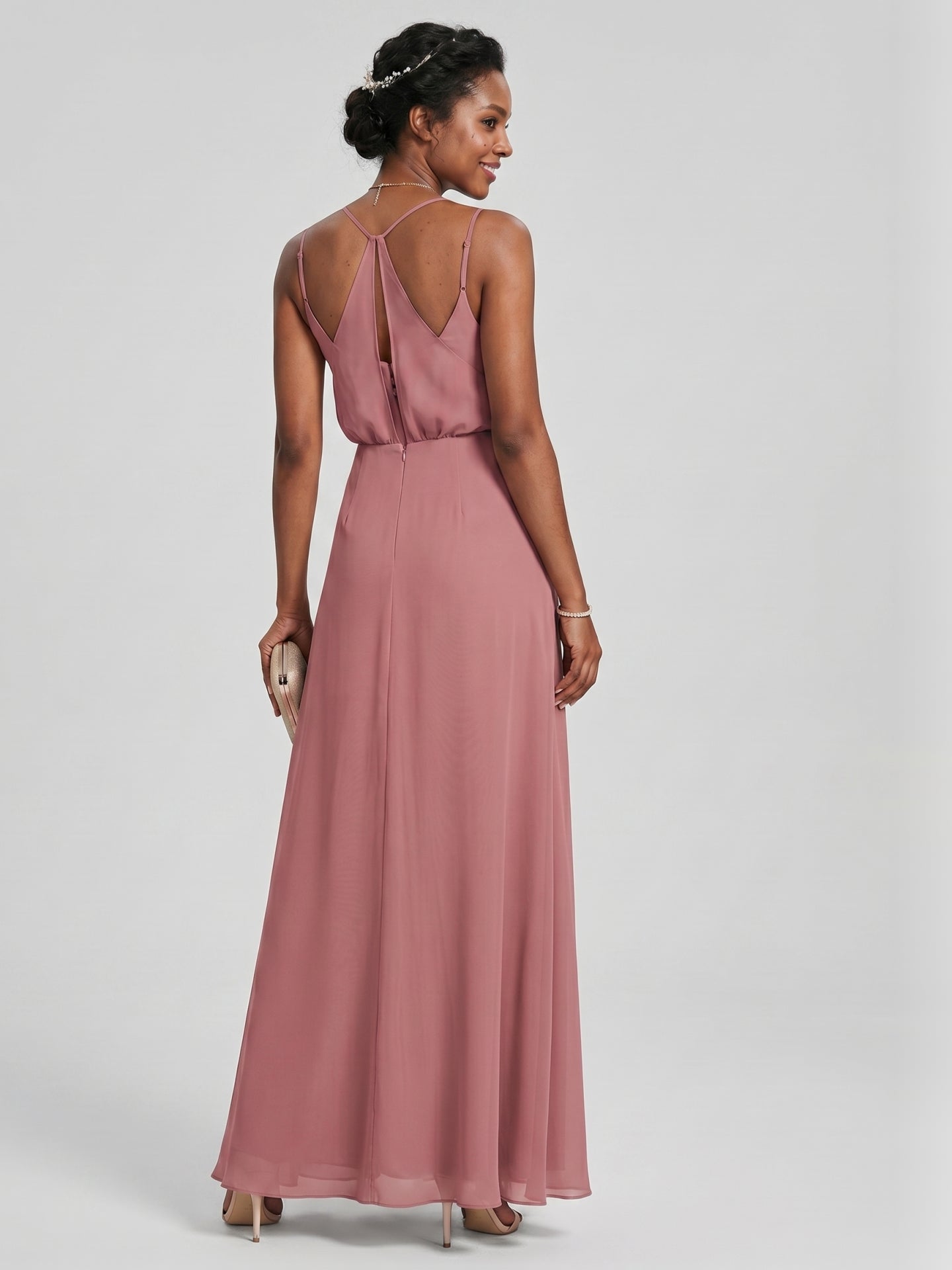 Sweet & Flowy Rose Gold Chiffon A-Line V-Neck Backless Ankle-Length Bridesmaid Dress