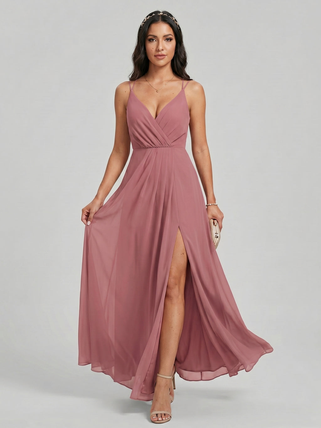 Sweet & Flowy Rose Gold Chiffon A-Line V-Neck Backless Ankle-Length Bridesmaid Dress