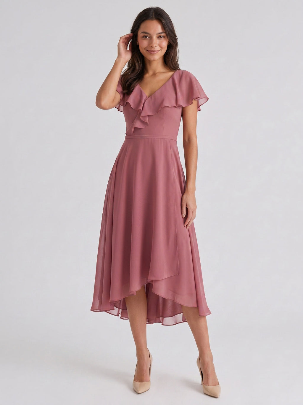Rose Gold Chiffon A-Line V-Neck V-Back Asymmetrical Bridesmaid Dress with Ruffles