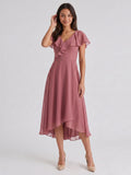 Rose Gold Chiffon A-Line V-Neck V-Back Asymmetrical Bridesmaid Dress with Ruffles
