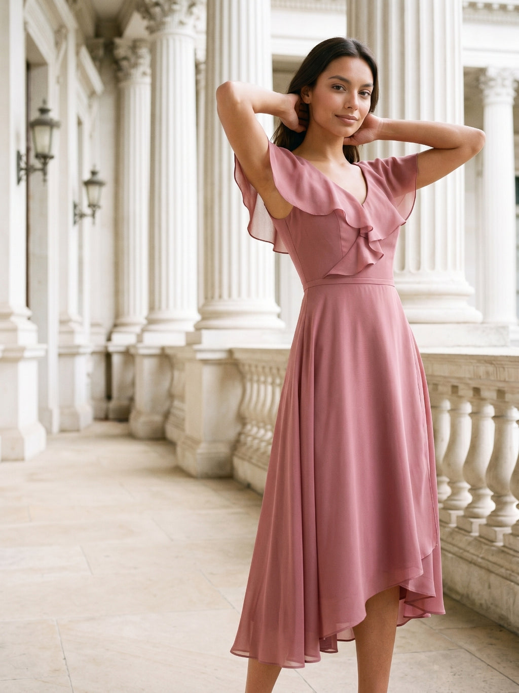 Rose Gold Chiffon A-Line V-Neck V-Back Asymmetrical Bridesmaid Dress with Ruffles