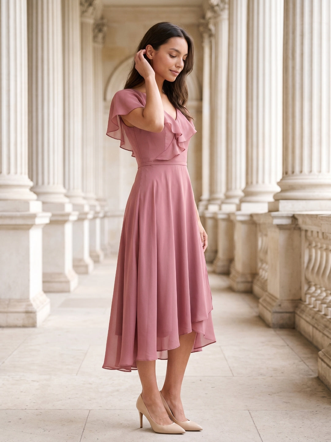 Rose Gold Chiffon A-Line V-Neck V-Back Asymmetrical Bridesmaid Dress with Ruffles