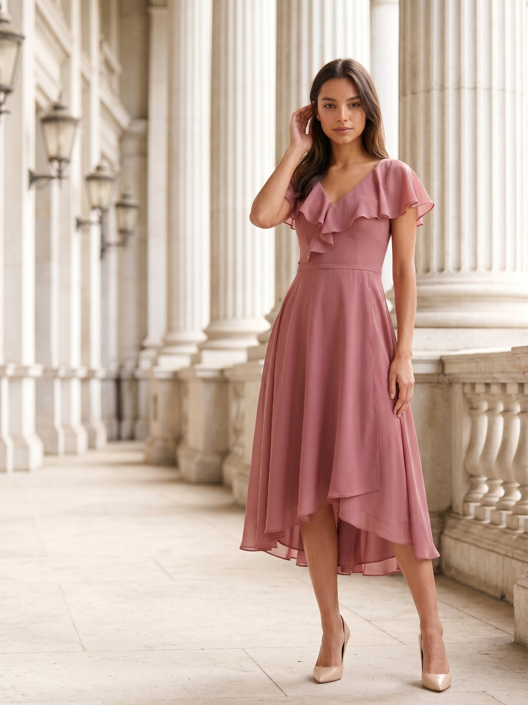 Rose Gold Chiffon A-Line V-Neck V-Back Asymmetrical Bridesmaid Dress with Ruffles