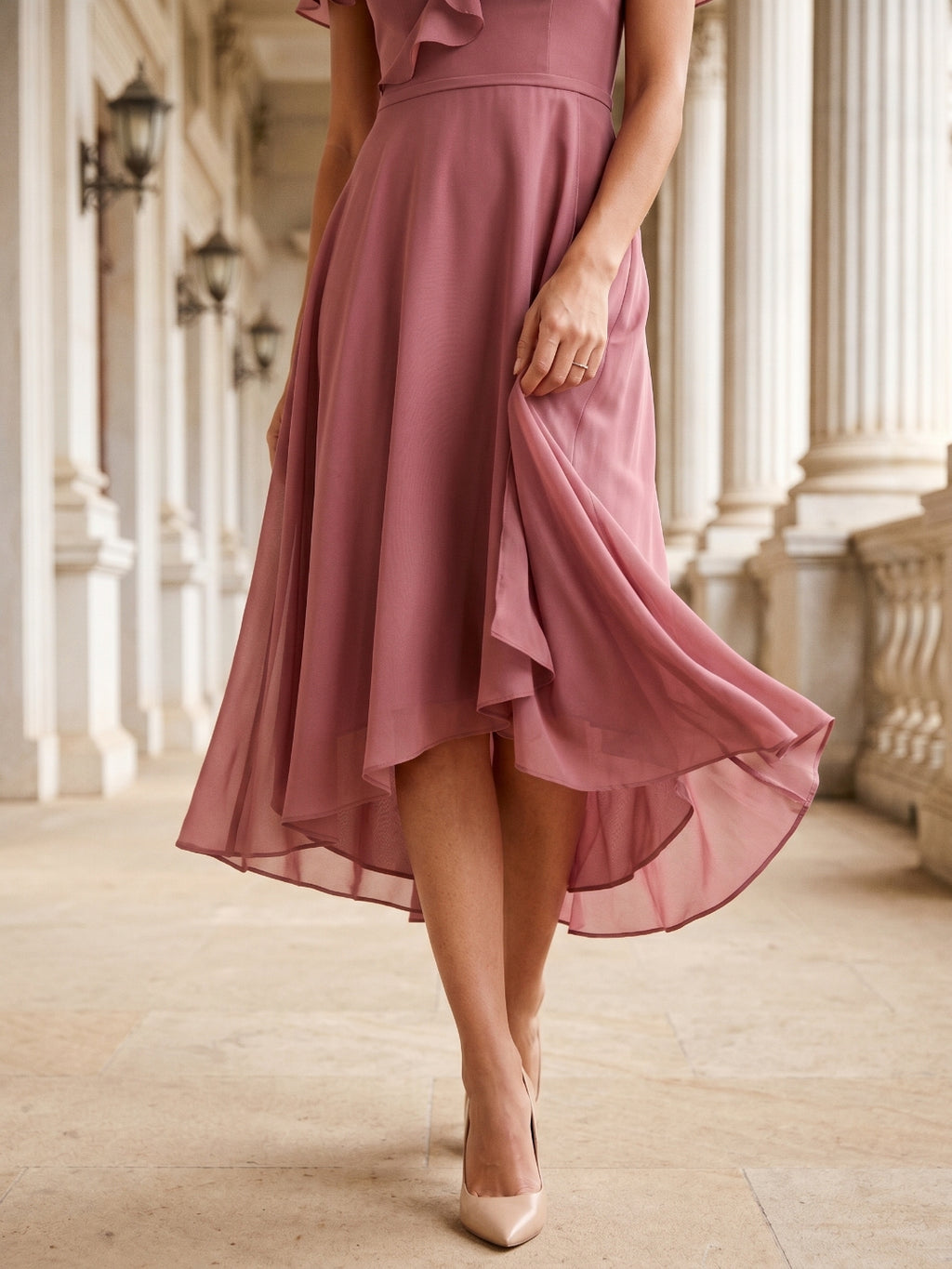 Rose Gold Chiffon A-Line V-Neck V-Back Asymmetrical Bridesmaid Dress with Ruffles