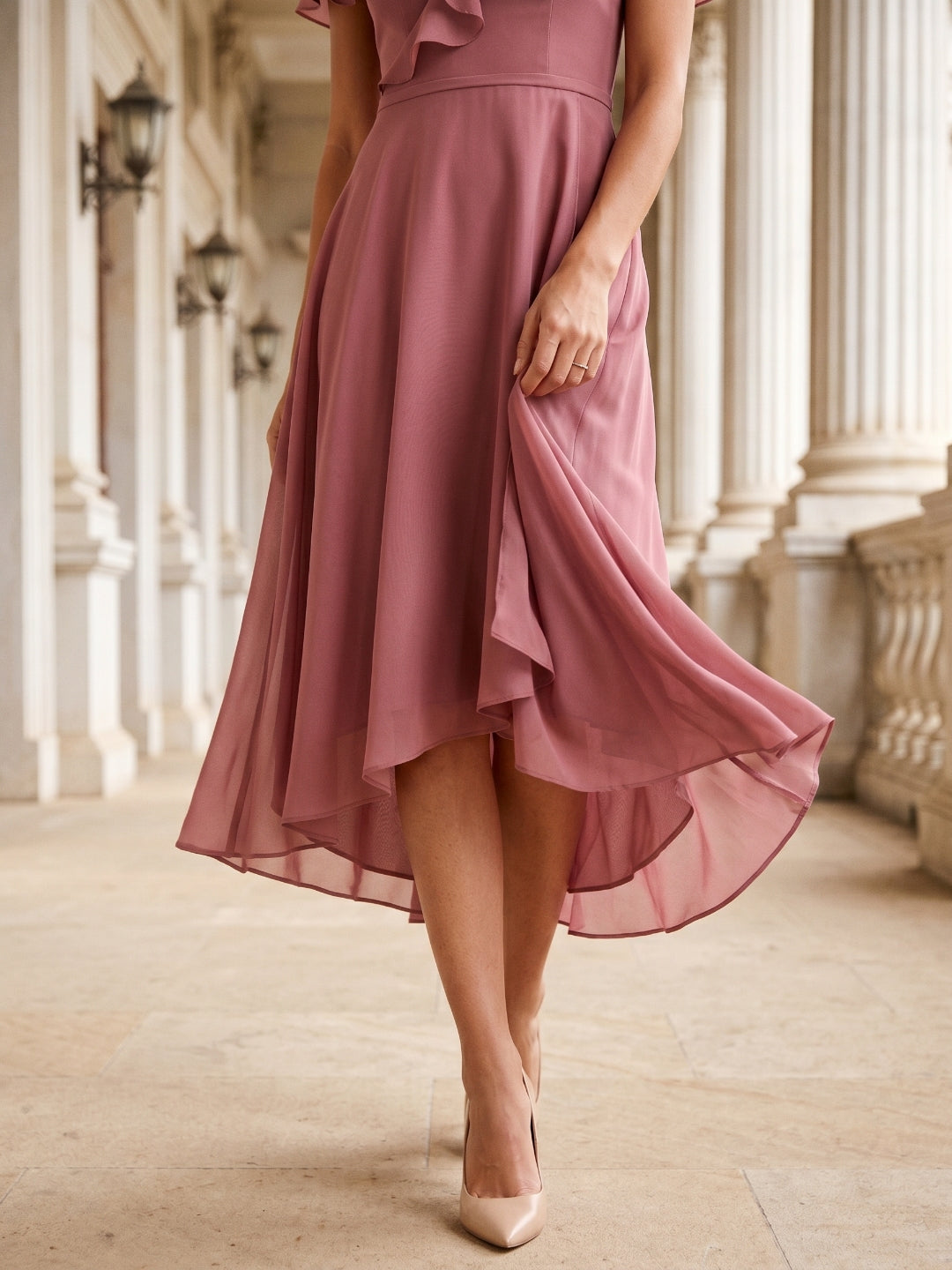 Rose Gold Chiffon A-Line V-Neck V-Back Asymmetrical Bridesmaid Dress with Ruffles