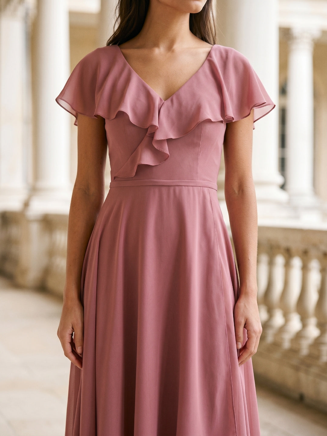 Rose Gold Chiffon A-Line V-Neck V-Back Asymmetrical Bridesmaid Dress with Ruffles