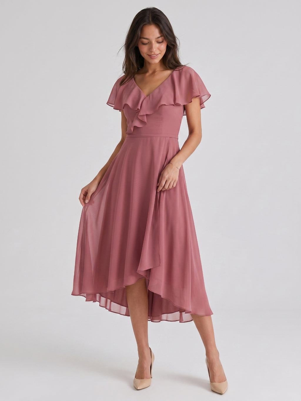 Rose Gold Chiffon A-Line V-Neck V-Back Asymmetrical Bridesmaid Dress with Ruffles