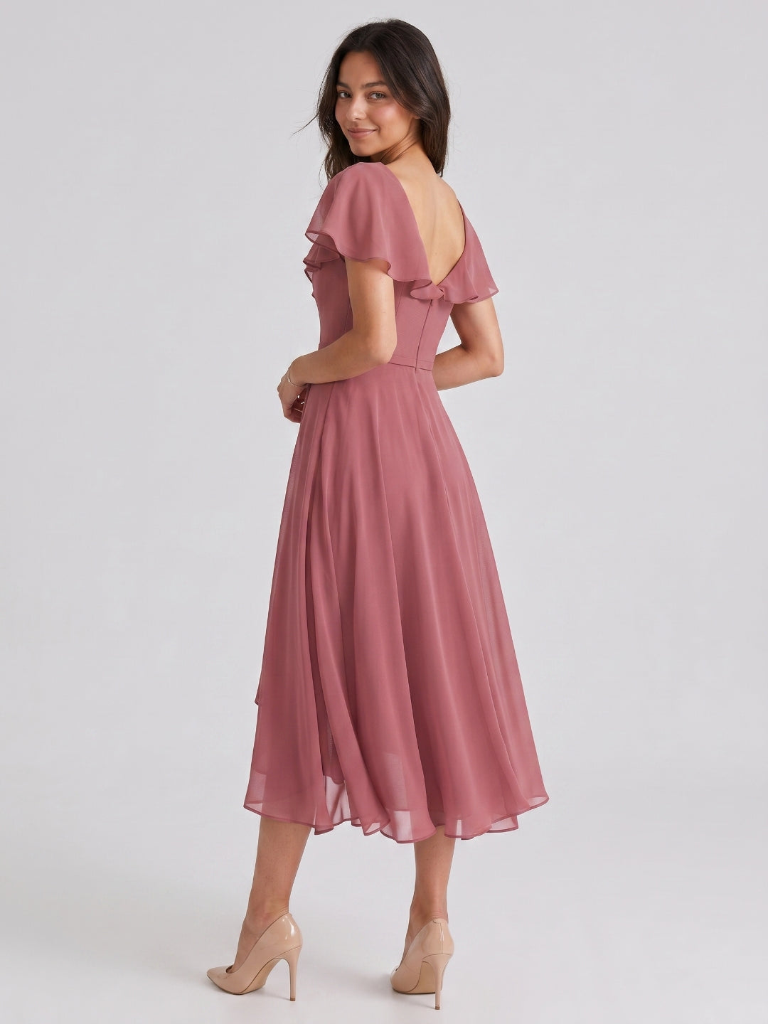 Rose Gold Chiffon A-Line V-Neck V-Back Asymmetrical Bridesmaid Dress with Ruffles