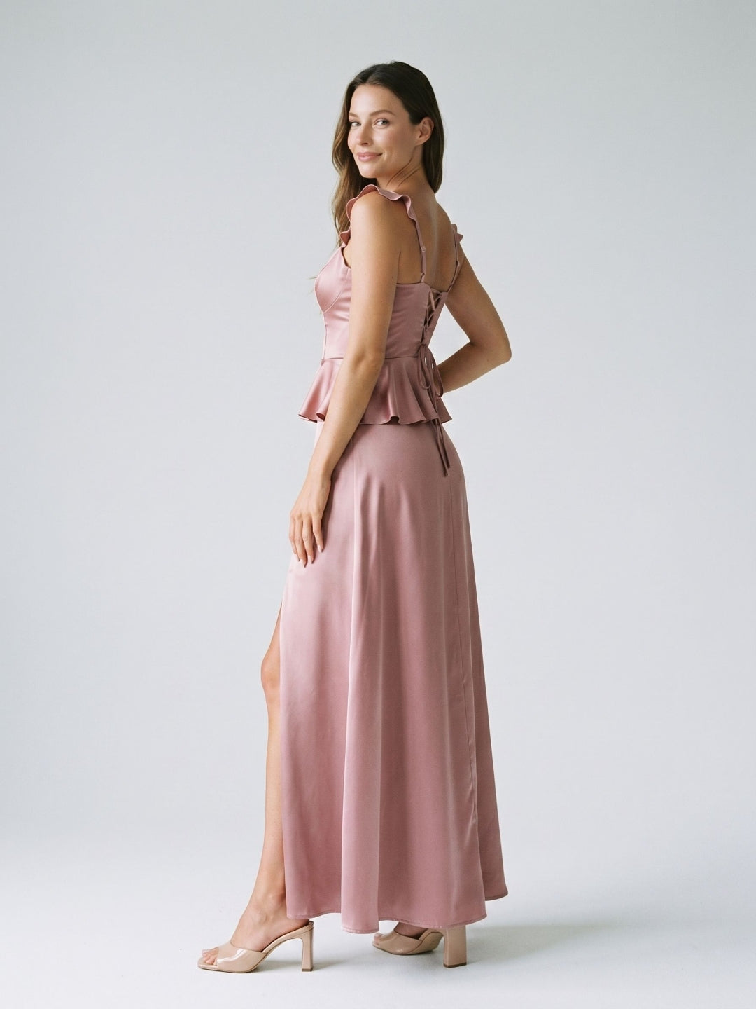Rose Gold Satin Sheath Sweetheart Lace-Up Back Floor-Length Birthday Dress