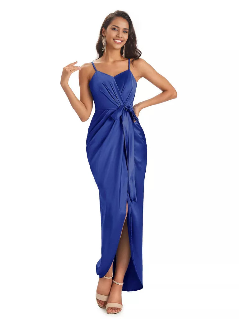 High Low Spaghetti Straps V-neck Mermaid Asymmetrical Soft Satin Bridesmaid Dresses