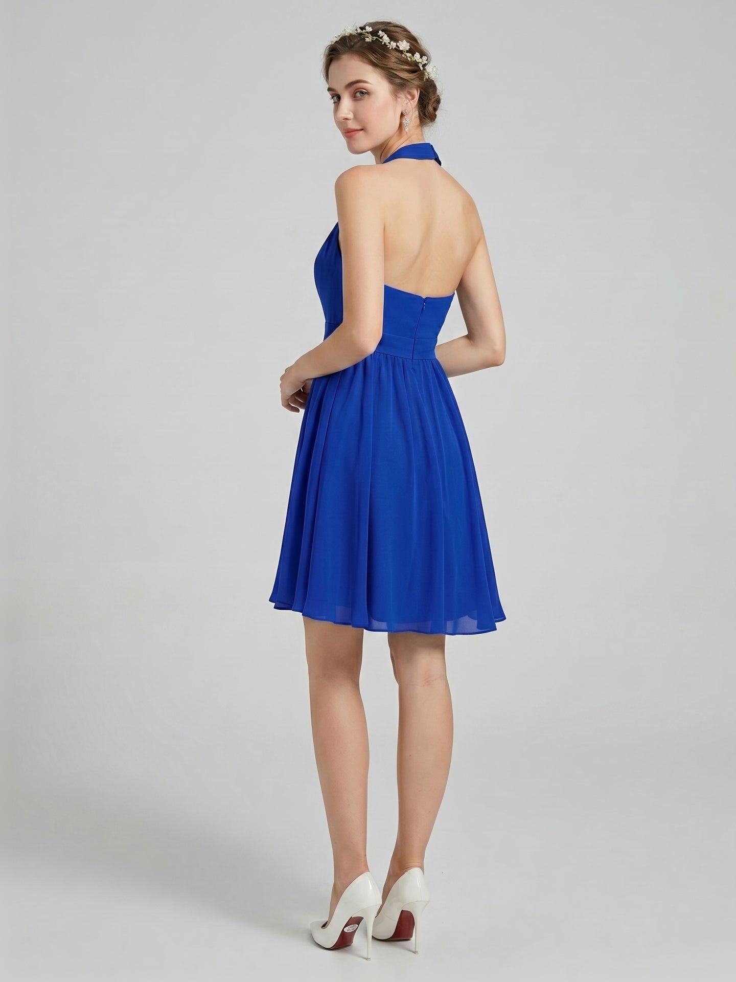 Elegant Royal Blue Chiffon A-Line Halter neckline Backless Knee-Length Bridesmaid Dress