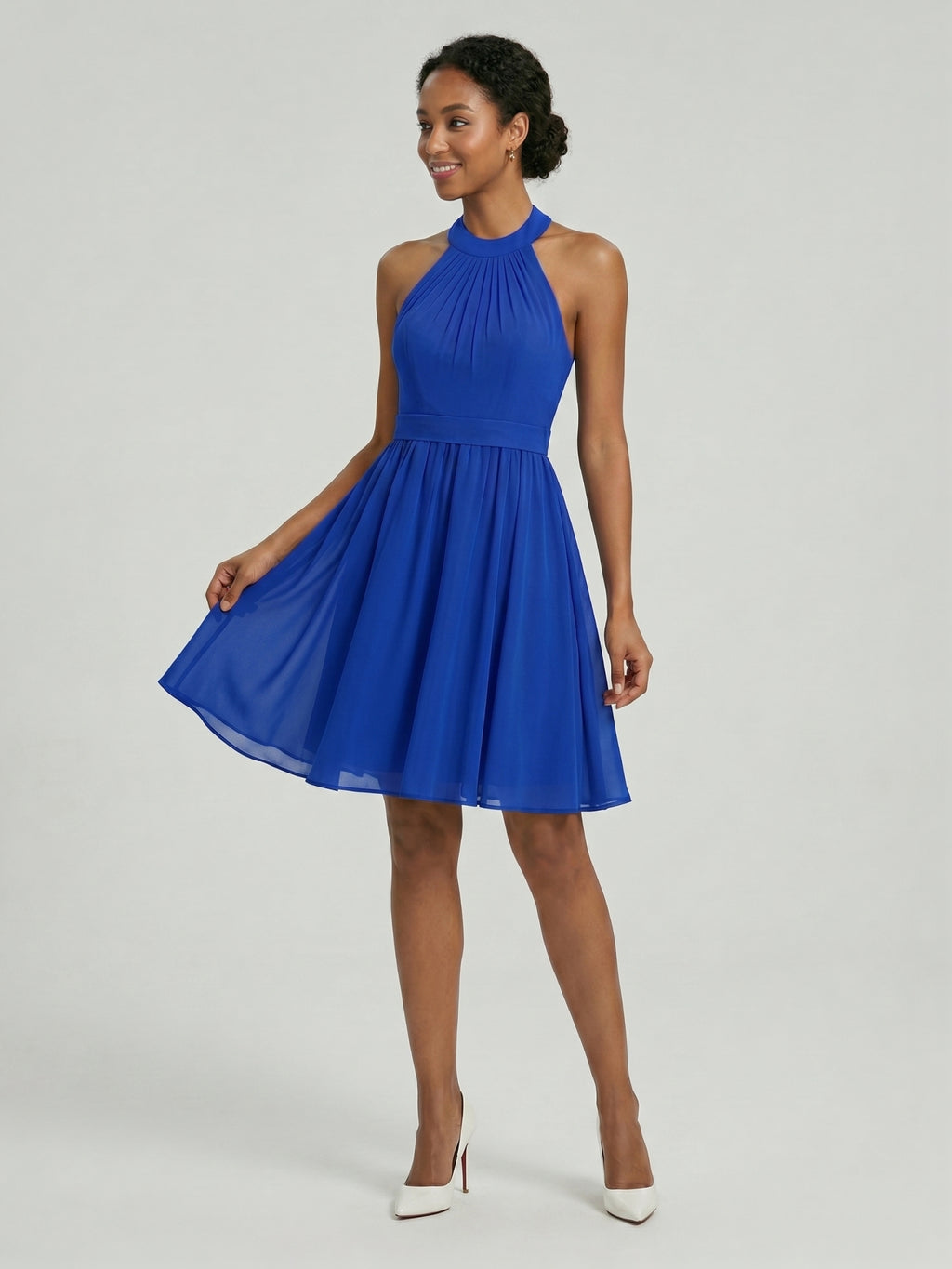 Elegant Royal Blue Chiffon A-Line Halter neckline Backless Knee-Length Bridesmaid Dress