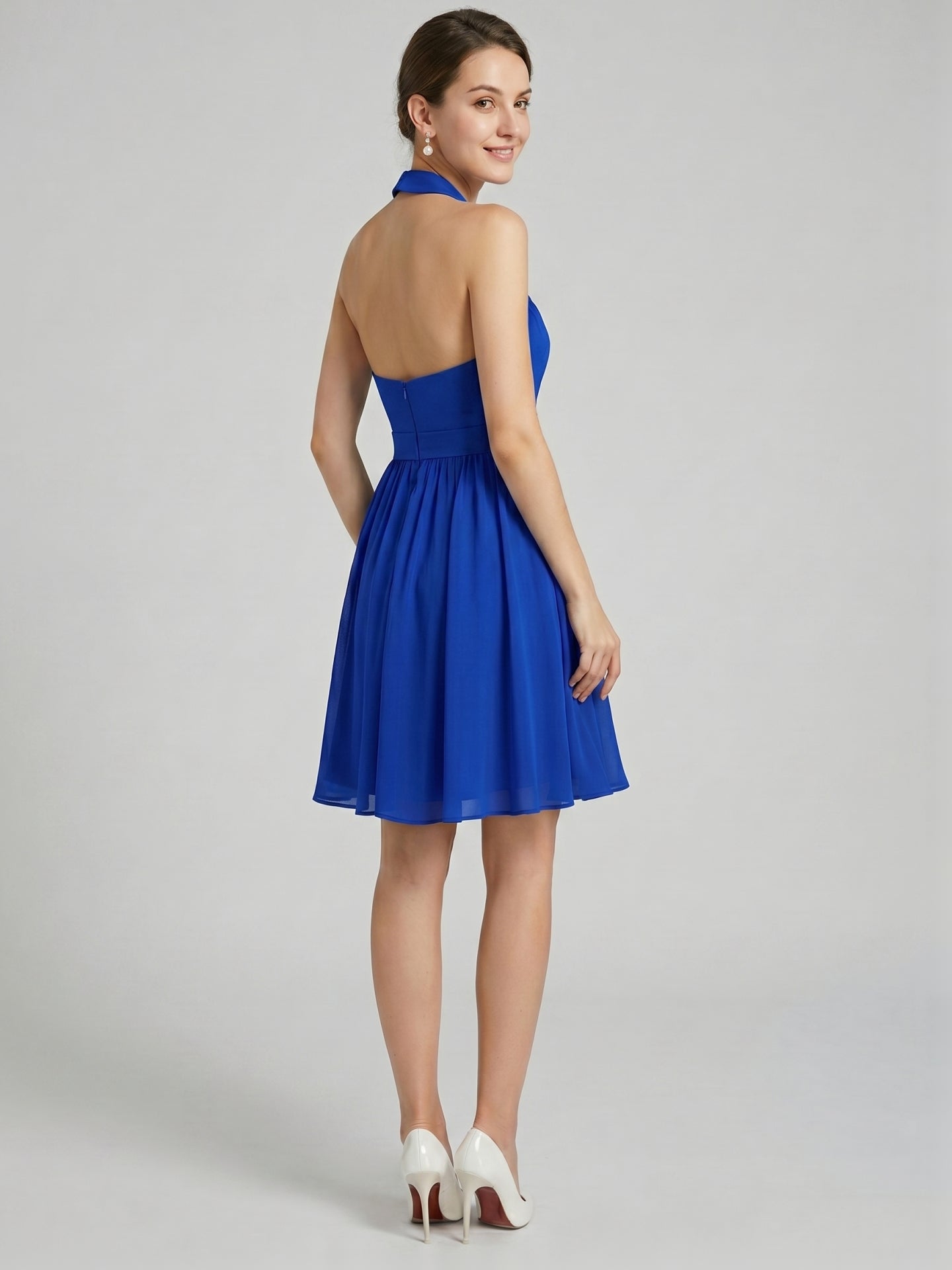 Elegant Royal Blue Chiffon A-Line Halter neckline Backless Knee-Length Bridesmaid Dress