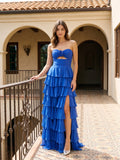 Royal Blue Chiffon A-Line Sweetheart Back Zip Floor-Length Prom Dress Bwith Cascading Ruffles
