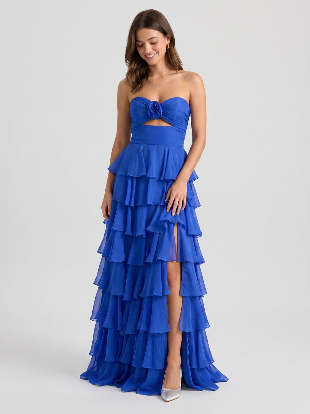Royal Blue Chiffon A-Line Sweetheart Back Zip Floor-Length Prom Dress Bwith Cascading Ruffles