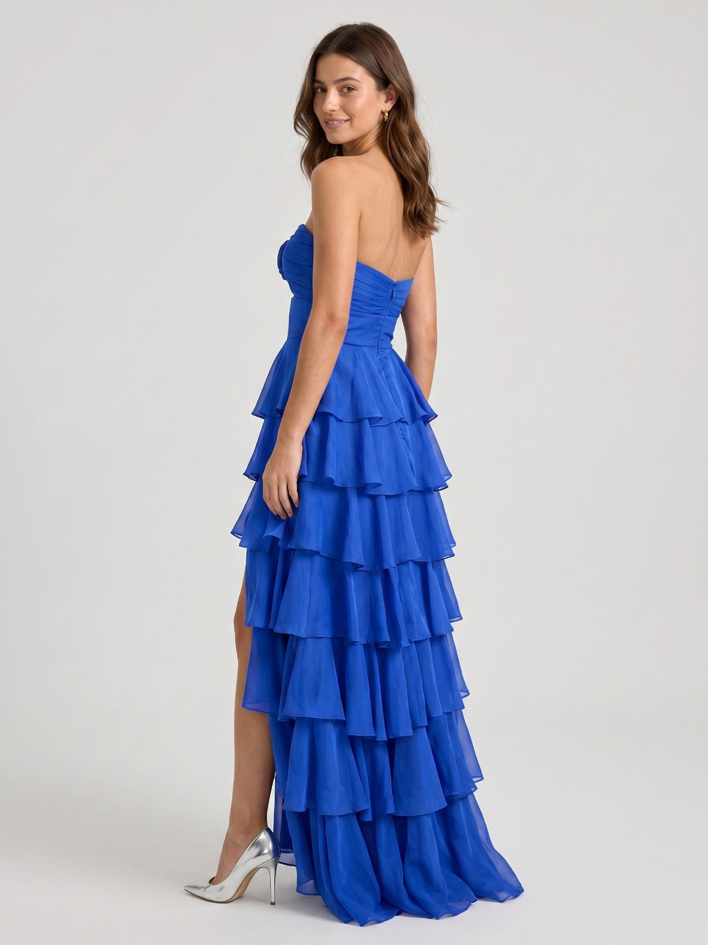 Royal Blue Chiffon A-Line Sweetheart Back Zip Floor-Length Prom Dress Bwith Cascading Ruffles