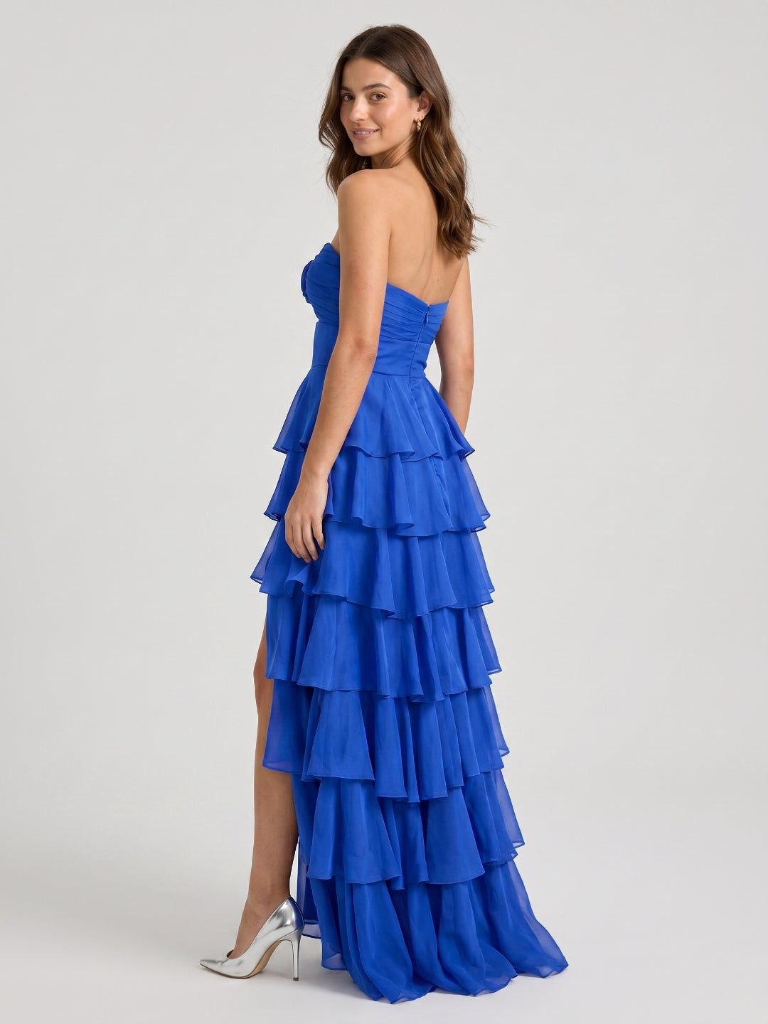 Royal Blue Chiffon A-Line Sweetheart Back Zip Floor-Length Prom Dress Bwith Cascading Ruffles