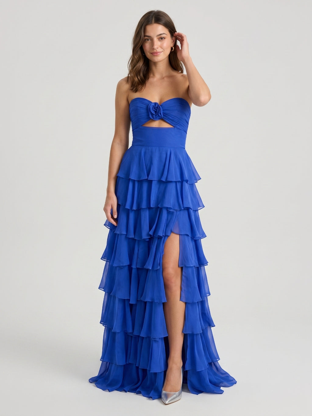 Royal Blue Chiffon A-Line Sweetheart Back Zip Floor-Length Prom Dress Bwith Cascading Ruffles