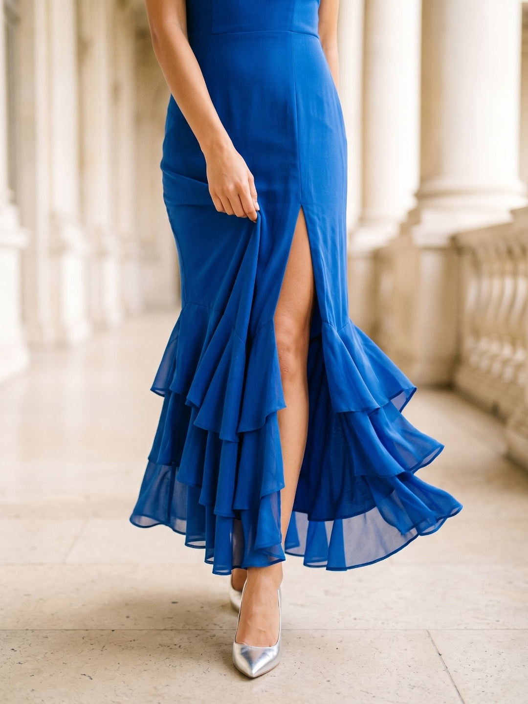 Royal Blue Chiffon Sheath Square Neck Ankle-Length Dress with Cascading Ruffles