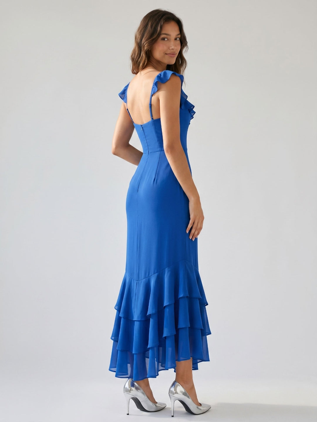 Royal Blue Chiffon Sheath Square Neck Ankle-Length Dress with Cascading Ruffles