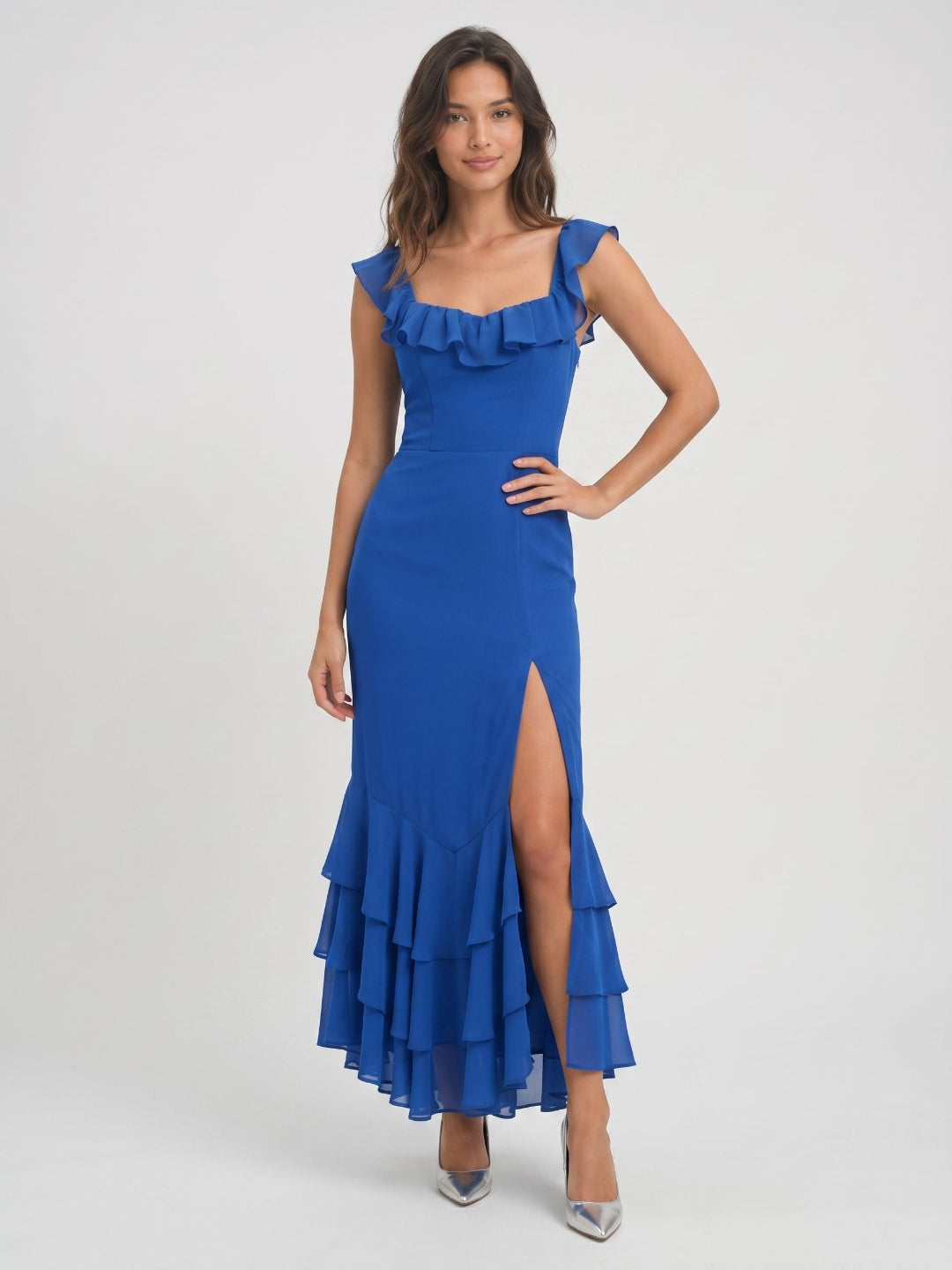 Royal Blue Chiffon Sheath Square Neck Ankle-Length Dress with Cascading Ruffles