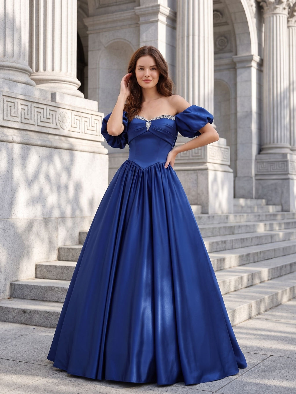 Royal Blue Satin A-Line Off-the-Shoulder Lace-up Floor-Length Dress