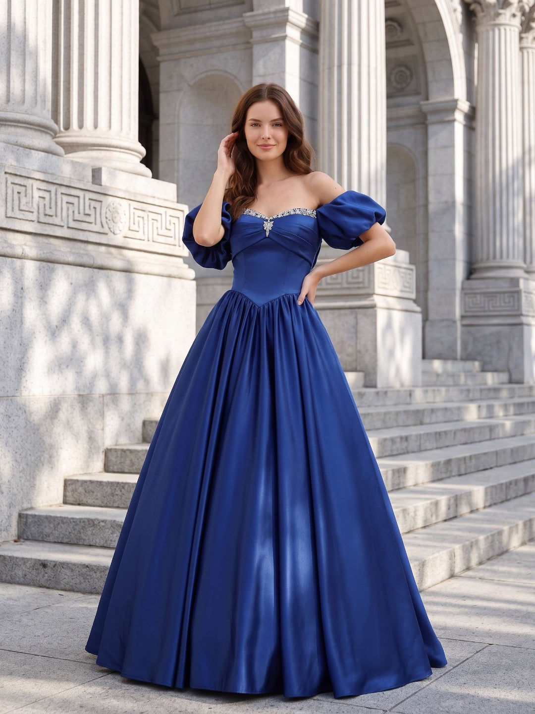 Royal Blue Satin A-Line Off-the-Shoulder Lace-up Floor-Length Dress