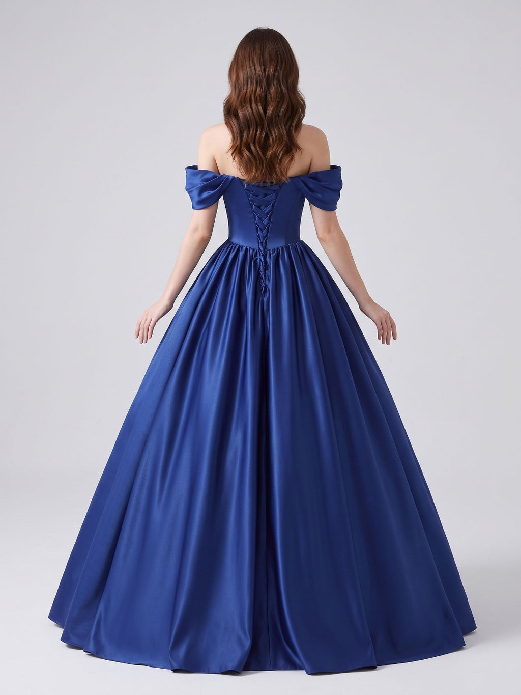 Royal Blue Satin A-Line Off-the-Shoulder Lace-up Floor-Length Dress