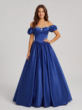 Royal Blue Satin A-Line Off-the-Shoulder Lace-up Floor-Length Dress