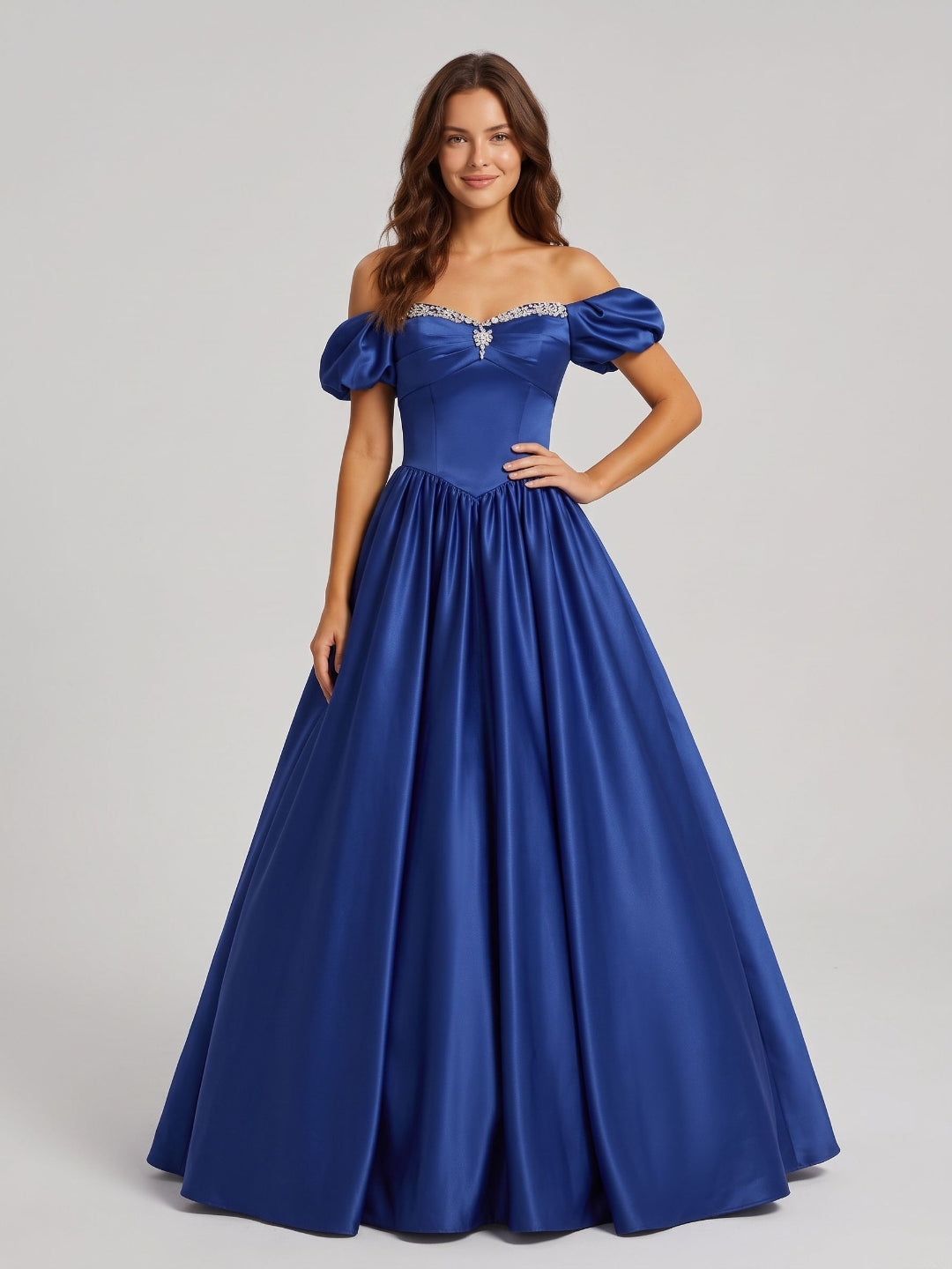 Royal Blue Satin A-Line Off-the-Shoulder Lace-up Floor-Length Dress