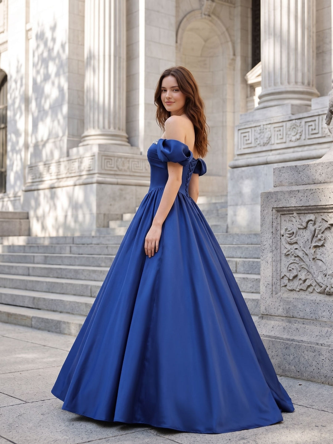 Royal Blue Satin A-Line Off-the-Shoulder Lace-up Floor-Length Dress