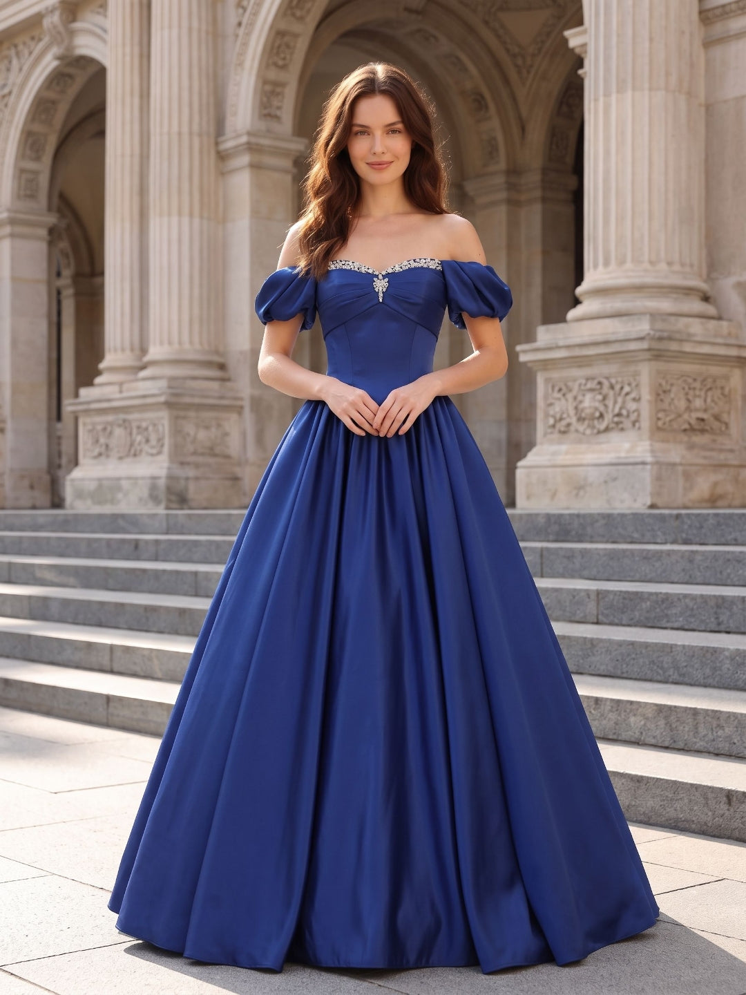 Royal Blue Satin A-Line Off-the-Shoulder Lace-up Floor-Length Dress