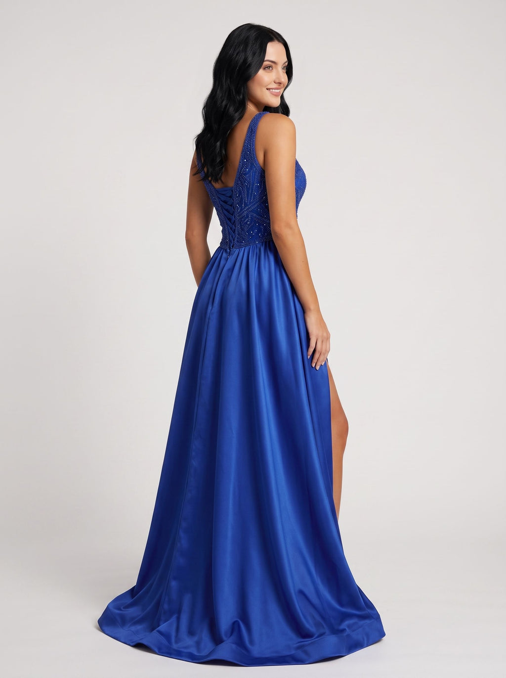 Royal Blue Satin A-Line V-Neck Corset Back Floor-Length Dress with Beaded Bodice and High Slit