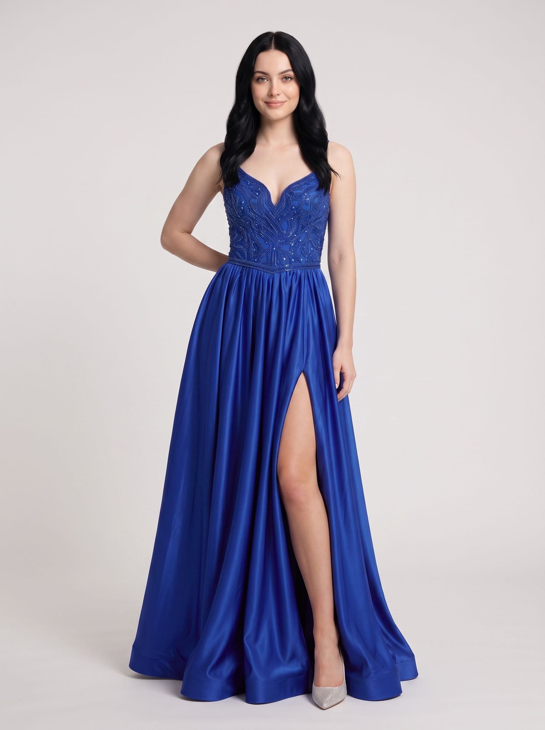 Royal Blue Satin A-Line V-Neck Corset Back Floor-Length Dress with Beaded Bodice and High Slit